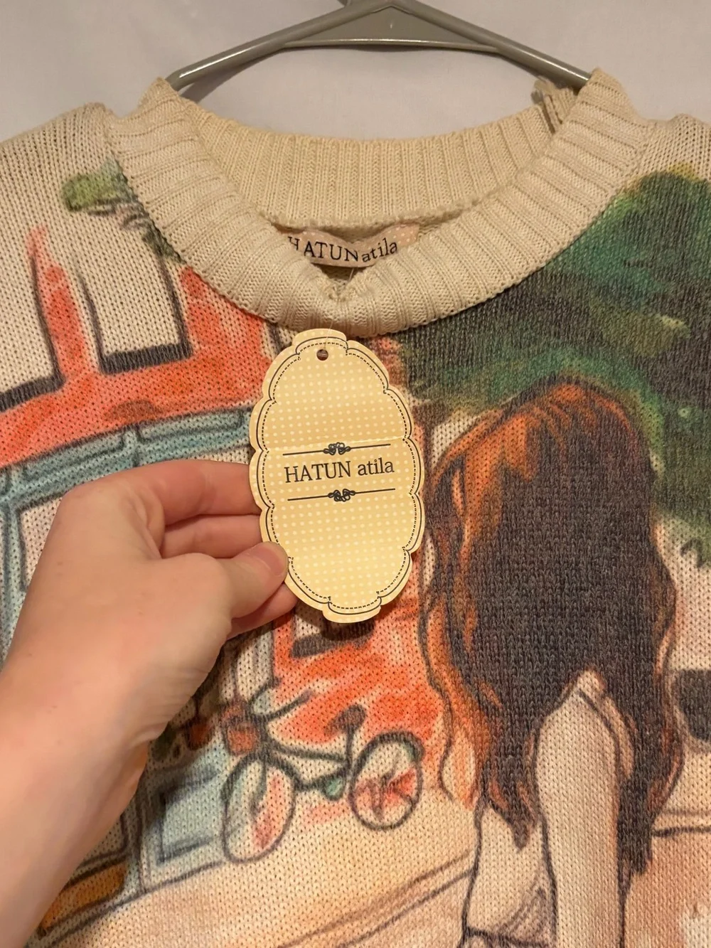 Cream Scenic Graphic Crewneck Sweater for Men